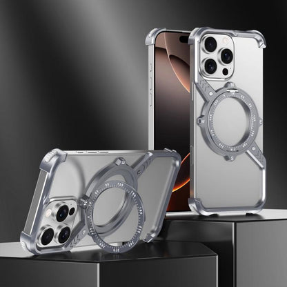 For iPhone 15 S Shaped 360 Holder Airbag Frameless MagSafe Metal Phone Case(Space Gray) by bashfashion