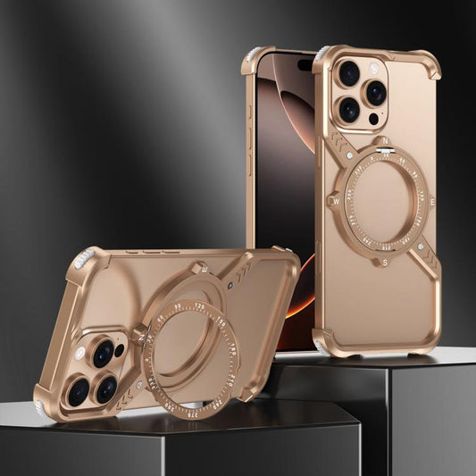 For iPhone 14 Pro Max S Shaped 360 Holder Airbag Frameless MagSafe Metal Phone Case(Desert Gold) by bashfashion