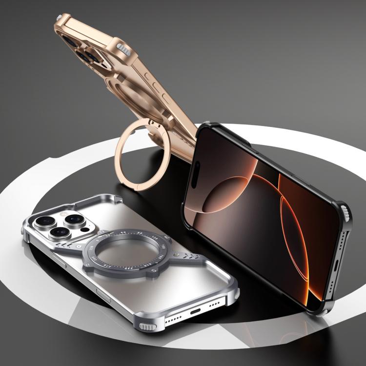 For iPhone 15 Pro Max S Shaped 360 Holder Airbag Frameless MagSafe Metal Phone Case(Black) by bashfashion