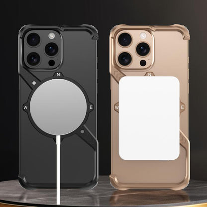 For iPhone 16 S Shaped 360 Holder Airbag Frameless MagSafe Metal Phone Case(Desert Gold) by bashfashion