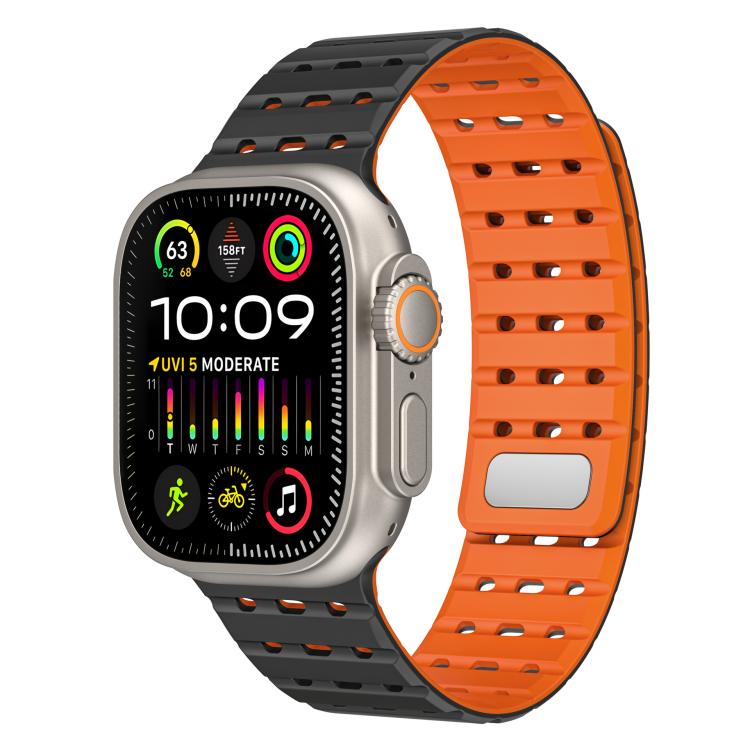 For Apple Watch 46mm / 49mm / 45mm / 44mm Two-Tone Breathable Magnetic Silicone Watch Band(Black Orange) by bashfashion