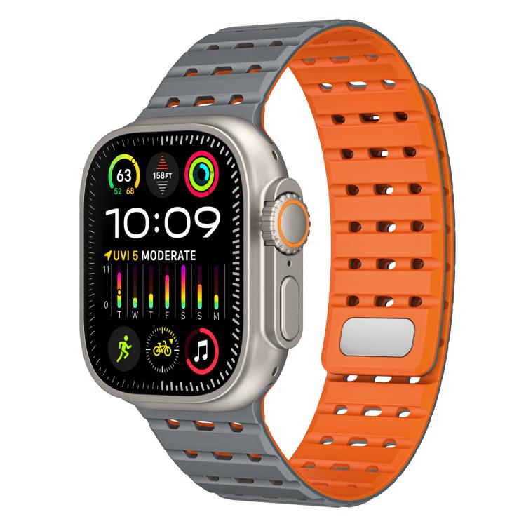 For Apple Watch 46mm / 49mm / 45mm / 44mm Two-Tone Breathable Magnetic Silicone Watch Band(Gray Orange) by bashfashion