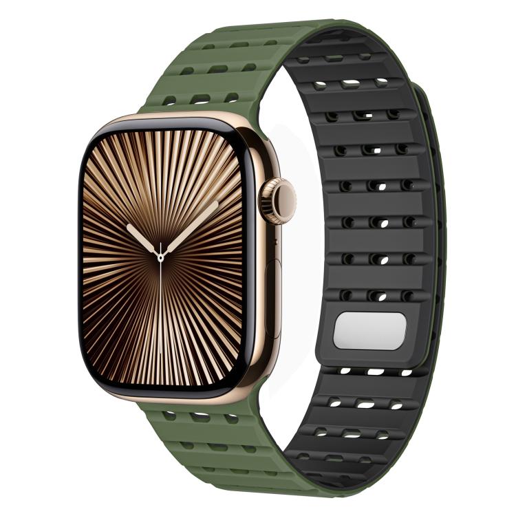 For Apple Watch 42mm / 41mm / 40mm / 38mm Two-Tone Breathable Magnetic Silicone Watch Band(Army Green Black) by bashfashion