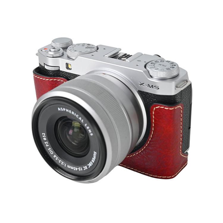 For FUJIFILM X-M5 Litchi Texture PU Leather Camera Half Case Base(Wine Red) by bashfashion