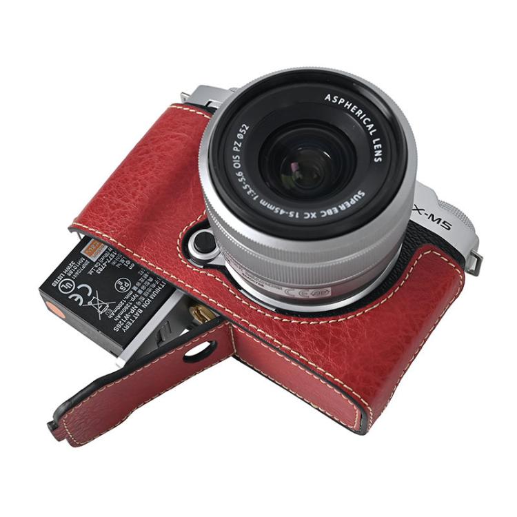 For FUJIFILM X-M5 Litchi Texture PU Leather Camera Half Case Base(Wine Red) by bashfashion