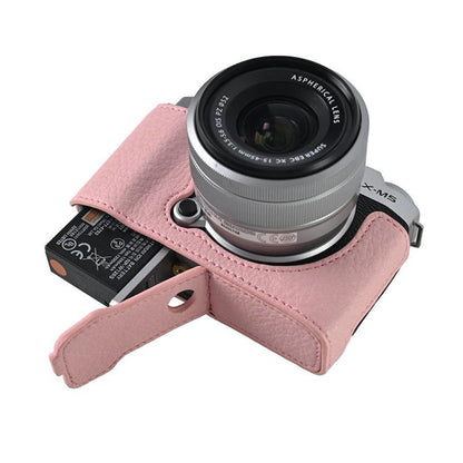 For FUJIFILM X-M5 Litchi Texture PU Leather Camera Half Case Base(Pink) by bashfashion