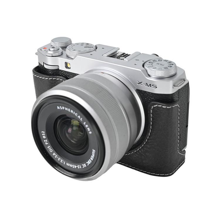 For FUJIFILM X-M5 Litchi Texture PU Leather Camera Half Case Base(Black) by bashfashion