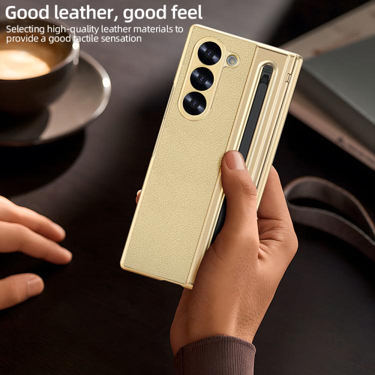 For Samsung Galaxy Z Fold6 5G VIETAO Electroplating Integrated Pen Slot Folding PU Phone Case with Stylus(Gold) by VIETAO