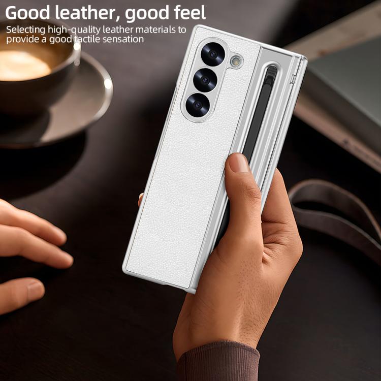 For Samsung Galaxy Z Fold5 5G VIETAO Electroplating Integrated Pen Slot Folding PU Phone Case with Stylus(White) by VIETAO