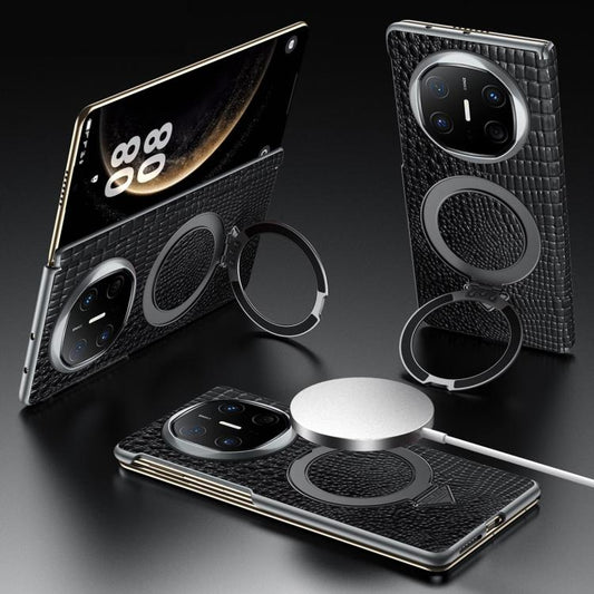 For Huawei Mate X6 SULADA Crocodile Texture Genuine Leather MagSafe Holder Phone Case(Black) by SULADA