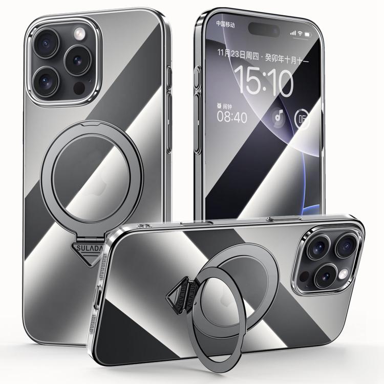 For iPhone 16 Pro SULADA Electroplated Transparent MagSafe Holder Phone Case(Black) by SULADA