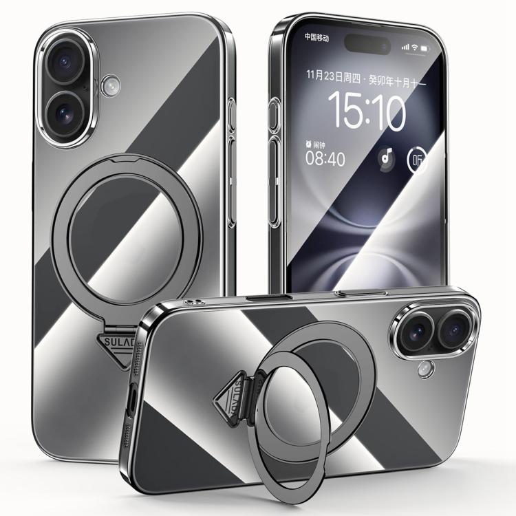 For iPhone 16 SULADA Electroplated Transparent MagSafe Holder Phone Case(Black) by SULADA