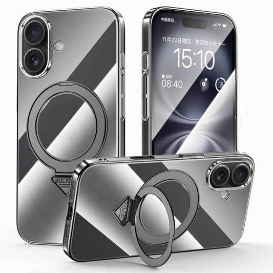 For iPhone 16 SULADA Electroplated Transparent MagSafe Holder Phone Case(Black) by SULADA