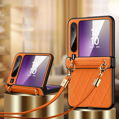 For Huawei Pura X SULADA Elegant Rhombic Texture Folding Phone Case with Lanyard(Orange) by SULADA