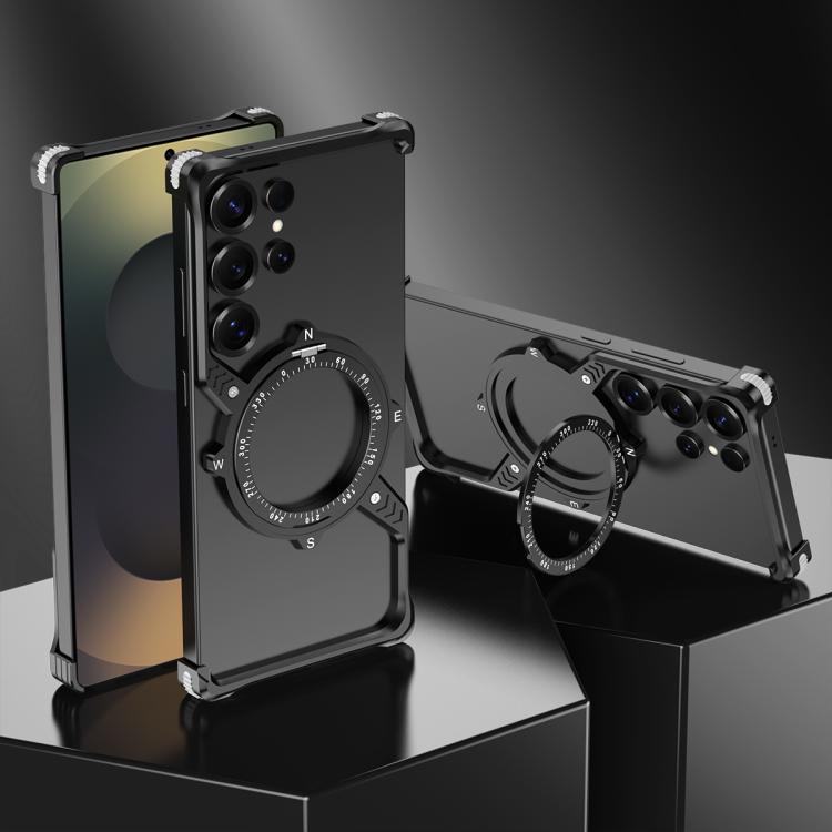 For Samsung Galaxy S23 Ultra 5G S Shaped 360 Holder Airbag Frameless MagSafe Metal Phone Case(Black) by bashfashion