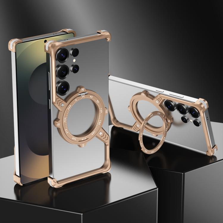 For Samsung Galaxy S23 Ultra 5G S Shaped 360 Holder Airbag Frameless MagSafe Metal Phone Case(Desert Gold) by bashfashion