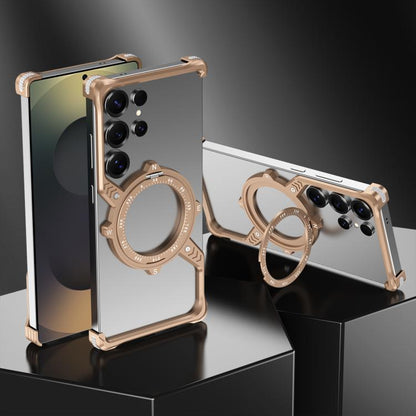 For Samsung Galaxy S22 Ultra 5G S Shaped 360 Holder Airbag Frameless MagSafe Metal Phone Case(Desert Gold) by bashfashion