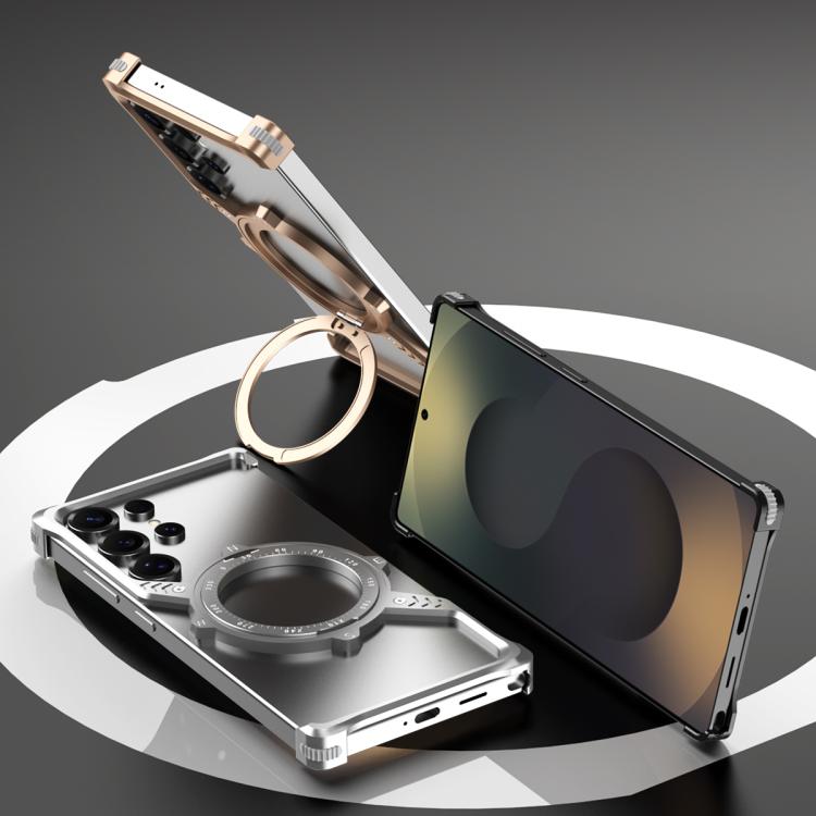 For Samsung Galaxy S22 Ultra 5G S Shaped 360 Holder Airbag Frameless MagSafe Metal Phone Case(Desert Gold) by bashfashion