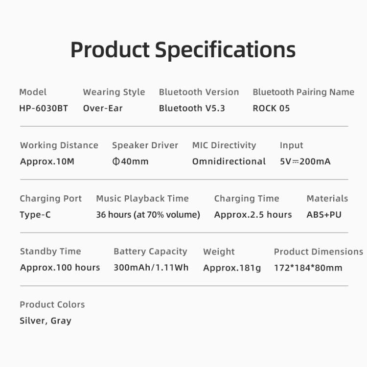 ROCK O5 Head-mounted Bluetooth 5.3 Wireless Headphones(Silver) by ROCK