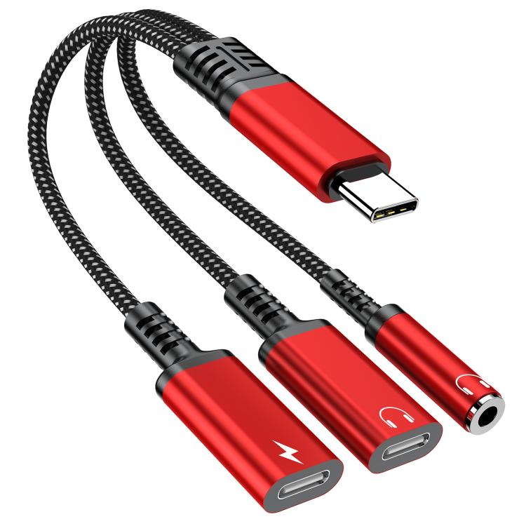 Type-C to 3.5mm and Type-C Charging Audio Adapter Cable(Red) by bashfashion