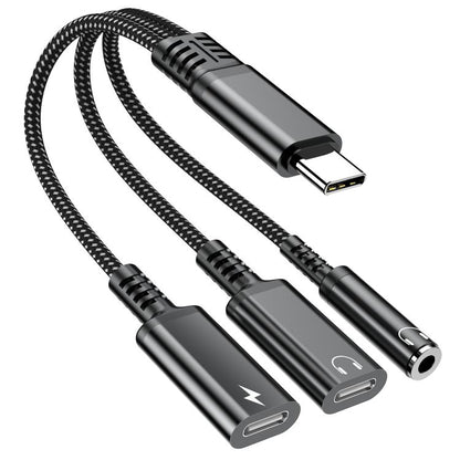 Type-C to 3.5mm and Type-C Charging Audio Adapter Cable(Black) by bashfashion