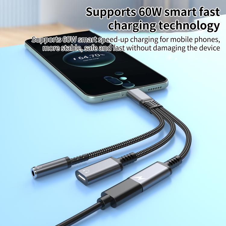 Type-C to 3.5mm and Type-C Charging Audio Adapter Cable(Black) by bashfashion