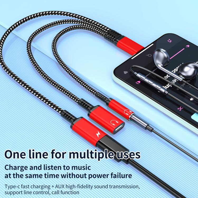 Type-C to 3.5mm and Type-C Charging Audio Adapter Cable(Black) by bashfashion