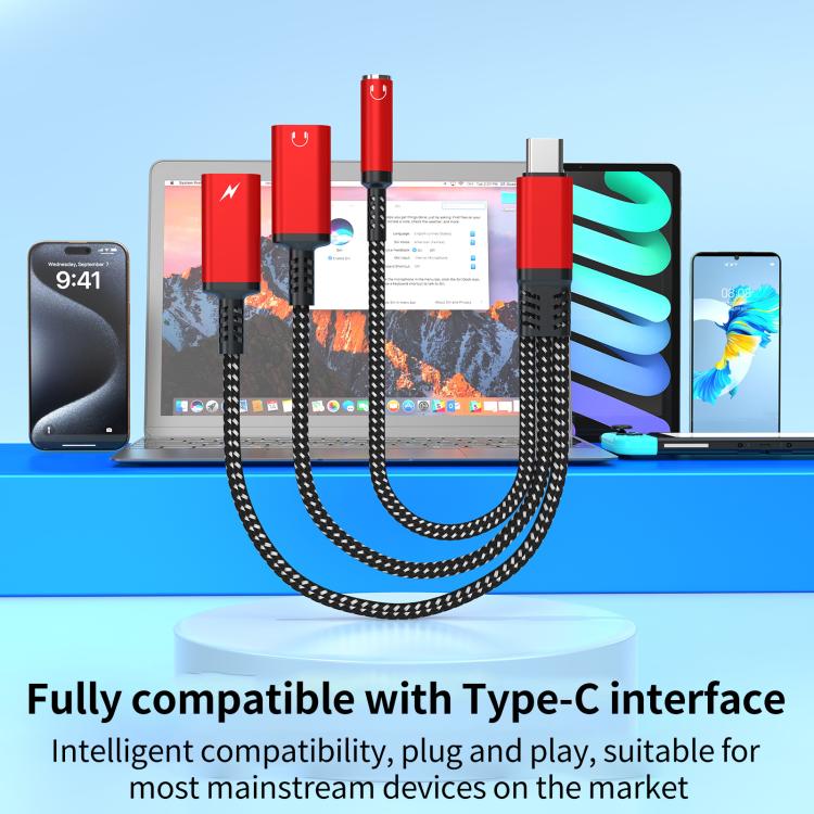 Type-C to 3.5mm and Type-C Charging Audio Adapter Cable(Red) by bashfashion