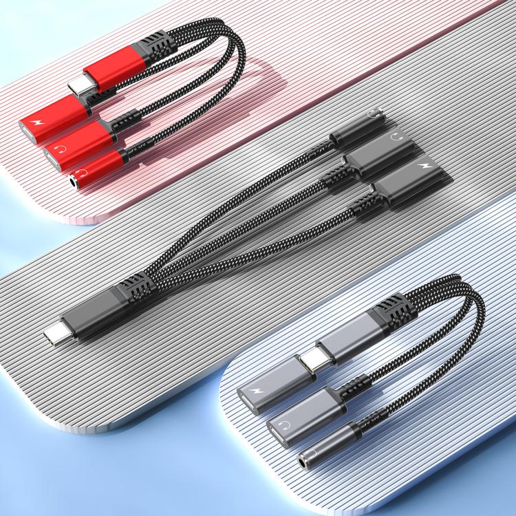 Type-C to 3.5mm and Type-C Charging Audio Adapter Cable(Red) by bashfashion