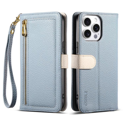 For iPhone 16 Pro Max ESEBLE E11 Colorful Litchi Pattern Zipper Wallet Leather Phone Case(Sky Blue) by ESEBLE