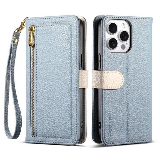 For iPhone 16 Pro Max ESEBLE E11 Colorful Litchi Pattern Zipper Wallet Leather Phone Case(Sky Blue) by ESEBLE