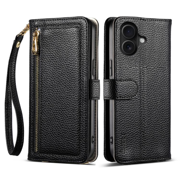 For iPhone 16 ESEBLE E11 Colorful Litchi Pattern Zipper Wallet Leather Phone Case(Black) by ESEBLE