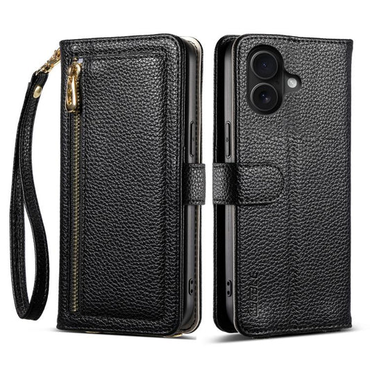 For iPhone 16 ESEBLE E11 Colorful Litchi Pattern Zipper Wallet Leather Phone Case(Black) by ESEBLE