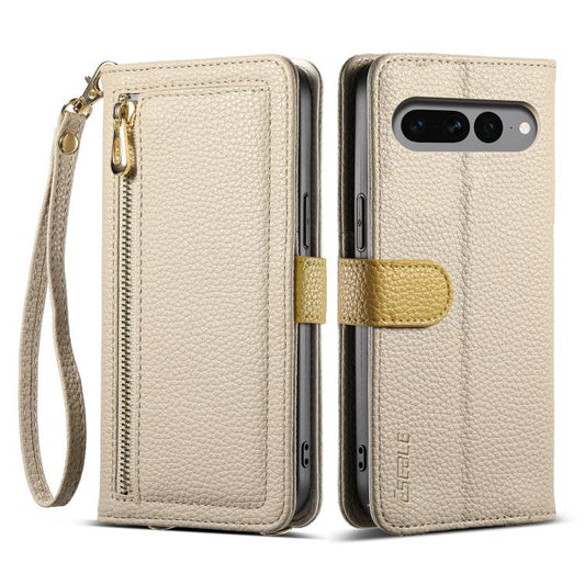 For Google Pixel 7 Pro 5G ESEBLE E11 Colorful Litchi Pattern Zipper Wallet Leather Phone Case(Khaki) by ESEBLE