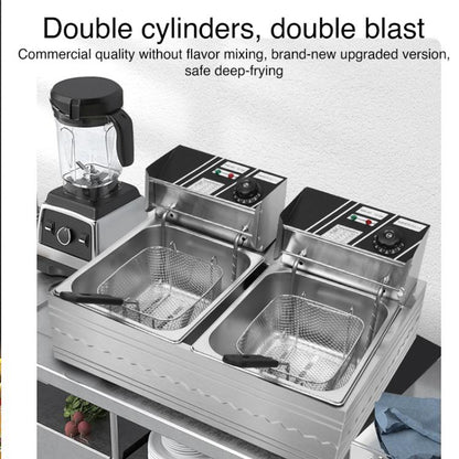 Multifunctional Commercial Stainless Steel Thick Electric Fryer Electric Boiler, Dual Cylinder 12L(EU Plug) by bashfashion