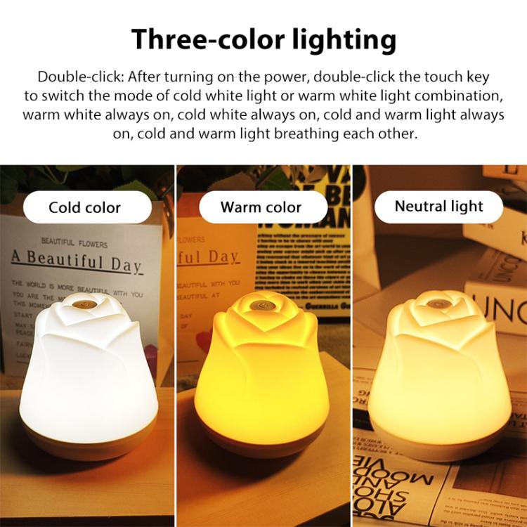 3W Rose Night Light Bedside Touch Sensor Ambient Lighting, Style:Rechargeable(White) by bashfashion