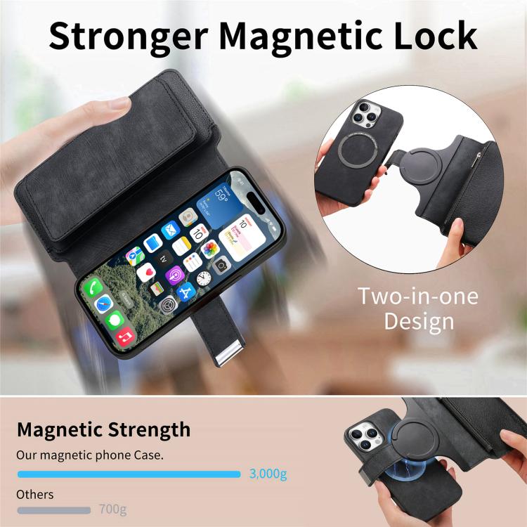 For iPhone 16 Pro Max CaseNeo MagSafe RFID Anti-theft Zipper Wallet Retro Leather Phone Case(Black) by CaseNeo