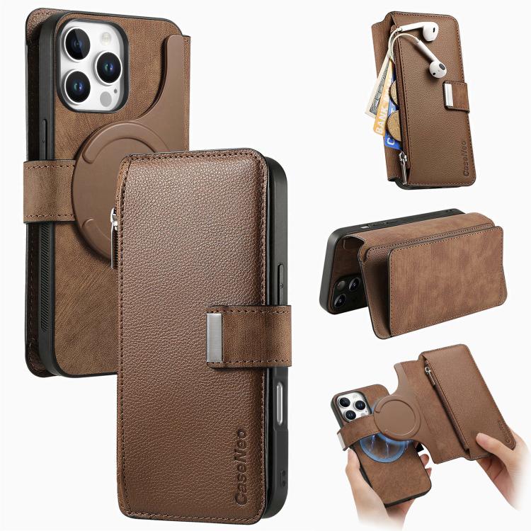 For iPhone 16 Pro CaseNeo MagSafe RFID Anti-theft Zipper Wallet Retro Leather Phone Case(Brown) by CaseNeo