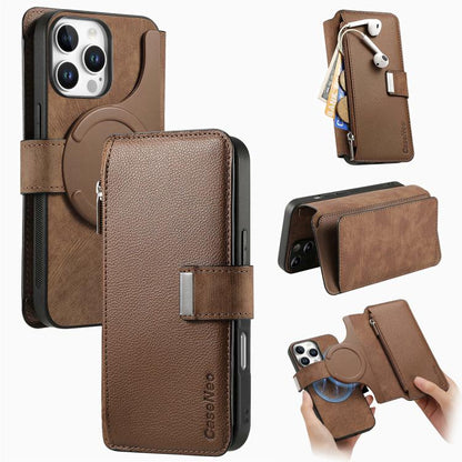 For iPhone 16 Pro CaseNeo MagSafe RFID Anti-theft Zipper Wallet Retro Leather Phone Case(Brown) by CaseNeo