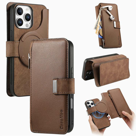 For iPhone 16 Pro CaseNeo MagSafe RFID Anti-theft Zipper Wallet Retro Leather Phone Case(Brown) by CaseNeo
