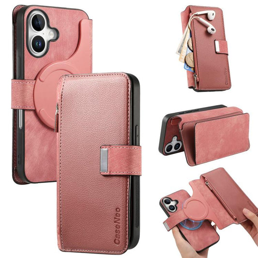For iPhone 16 Plus CaseNeo MagSafe RFID Anti-theft Zipper Wallet Retro Leather Phone Case(Pink) by CaseNeo