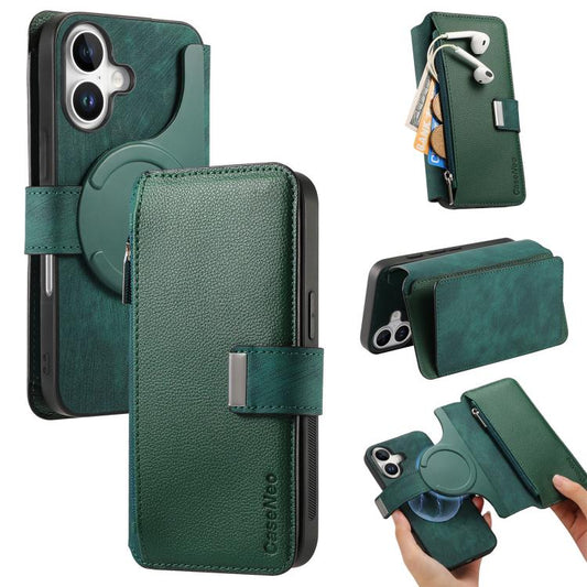 For iPhone 16 CaseNeo MagSafe RFID Anti-theft Zipper Wallet Retro Leather Phone Case(Green) by CaseNeo