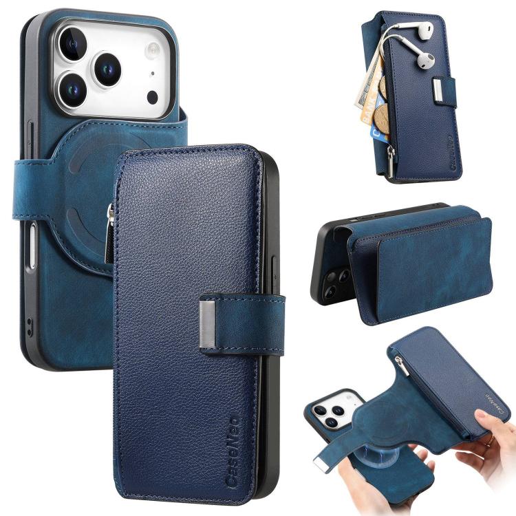 For iPhone 17 Pro Max CaseNeo MagSafe RFID Anti-theft Zipper Wallet Retro Leather Phone Case(Blue) by CaseNeo