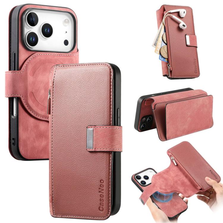 For iPhone 17 Pro CaseNeo MagSafe RFID Anti-theft Zipper Wallet Retro Leather Phone Case(Pink) by CaseNeo