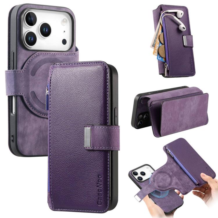 For iPhone 17 Pro CaseNeo MagSafe RFID Anti-theft Zipper Wallet Retro Leather Phone Case(Purple) by CaseNeo