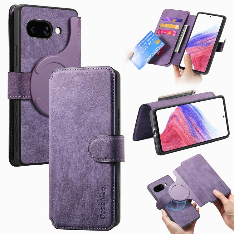 For Google Pixel 9a CaseNeo MagSafe RFID Anti-theft Retro Leather Phone Case(Purple) by CaseNeo
