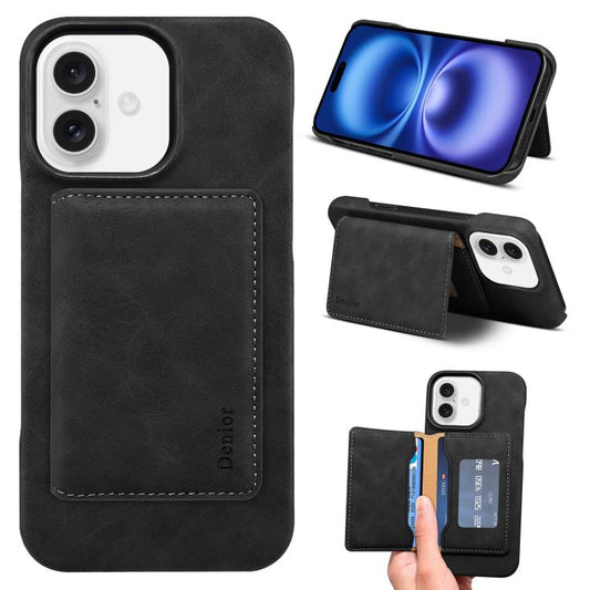 For iPhone 16 Denior D27 Retro Texture RFID MagSafe Photo Frame Card-slot Phone Case(Black) by Denior