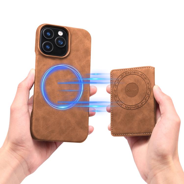 For iPhone 16 Plus Denior D27 Retro Texture RFID MagSafe Photo Frame Card-slot Phone Case(Brown) by Denior