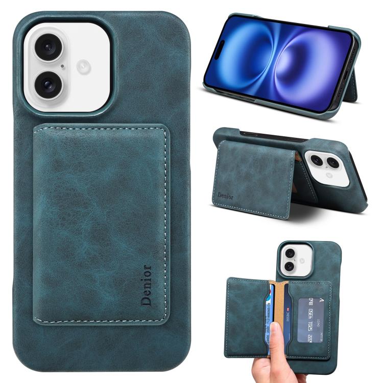 For iPhone 16 Plus Denior D27 Retro Texture RFID MagSafe Photo Frame Card-slot Phone Case(Blue) by Denior