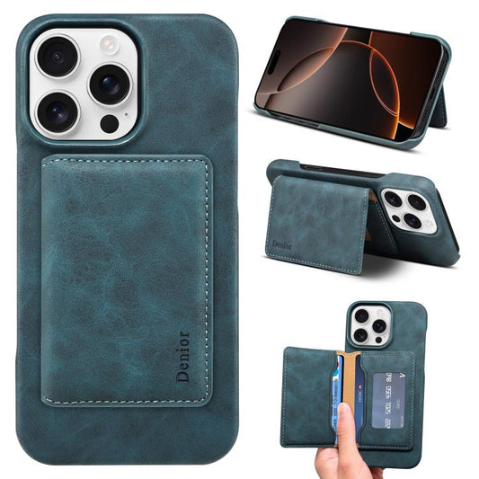 For iPhone 16 Pro Max Denior D27 Retro Texture RFID MagSafe Photo Frame Card-slot Phone Case(Blue) by Denior